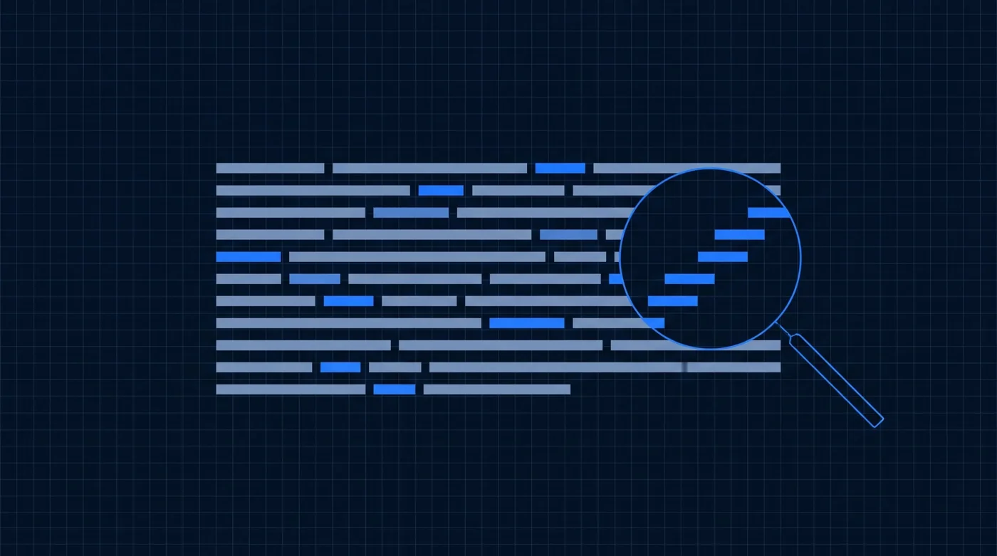 A paragraph drawn as slate bars on a dark grid, with a few bars tinted blue; a magnifying lens over the right edge shows the blue bars lining up into a pattern that is invisible outside the lens