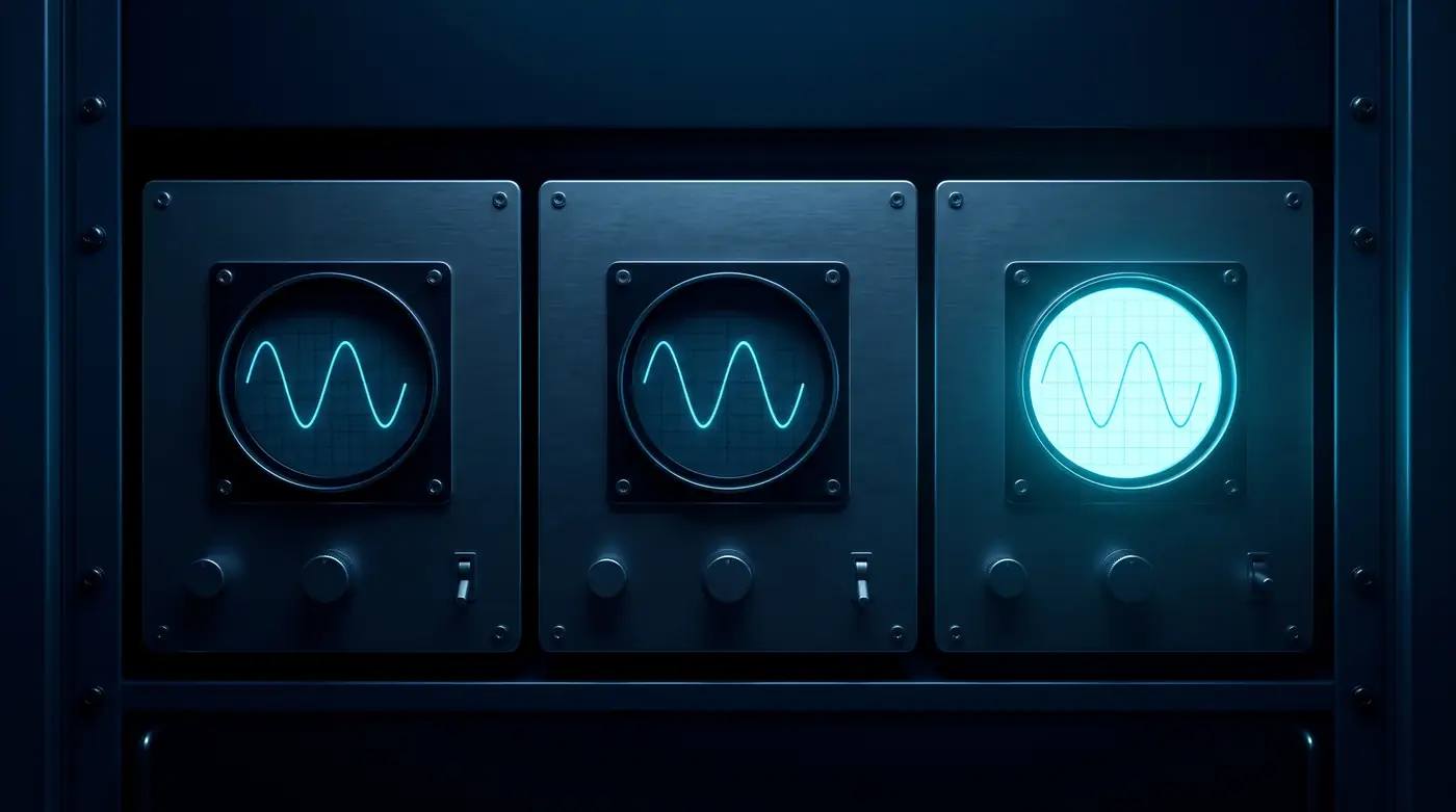 Three identical instrument panels in a dark rack, each round screen showing the same waveform, with the third screen glowing brightly