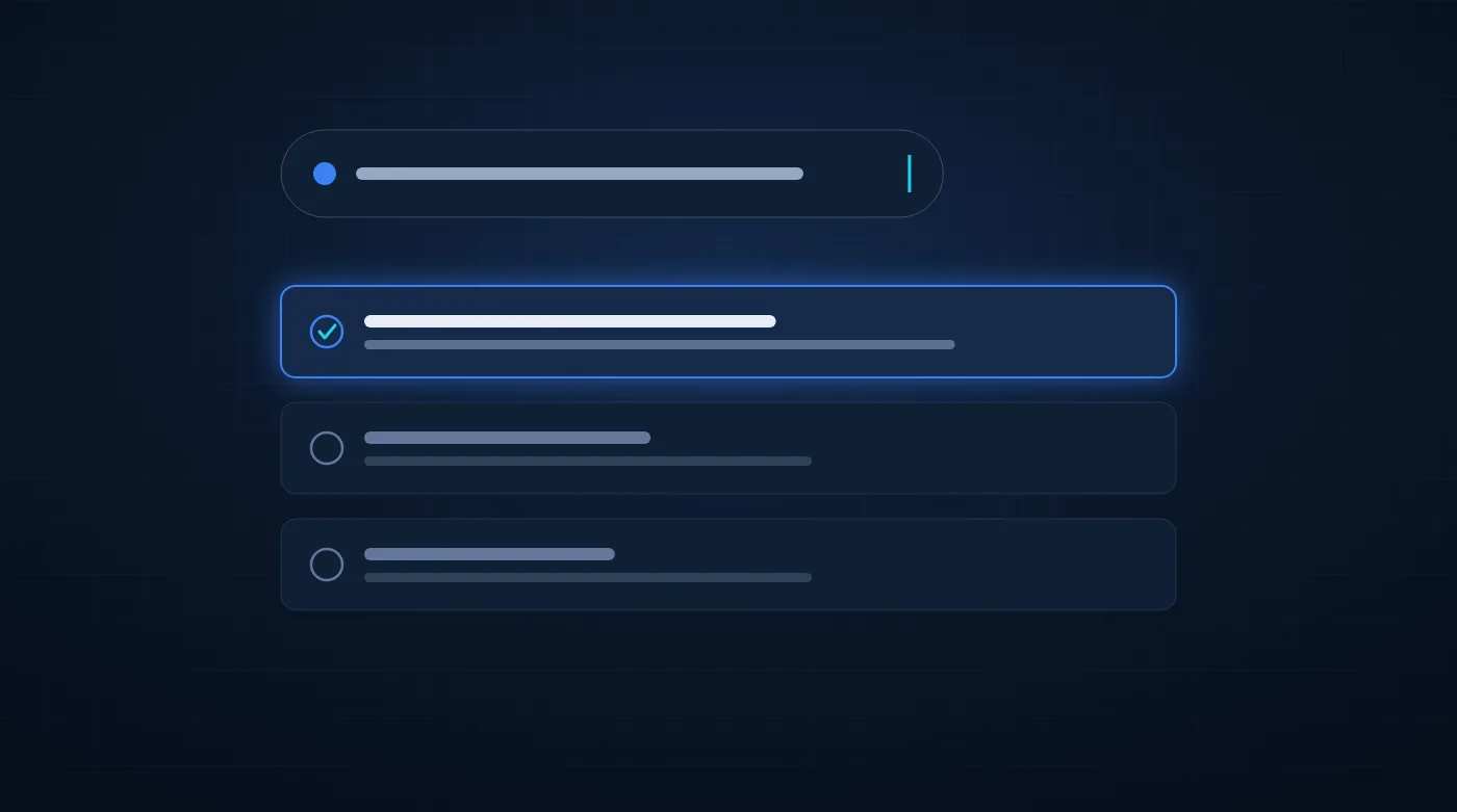 A question typed into an AI assistant above a short list of three answers, with the first answer highlighted
