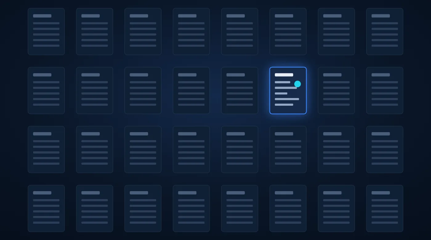 A grid of identical page outlines with a single page highlighted and filled with distinct content