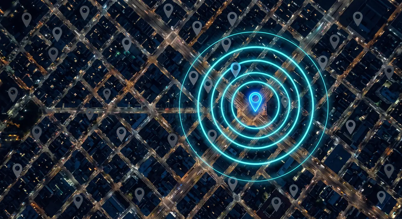 Aerial view of a dark city grid at night: dozens of dim location pins, with one pin glowing bright blue and radiating concentric cyan signal rings