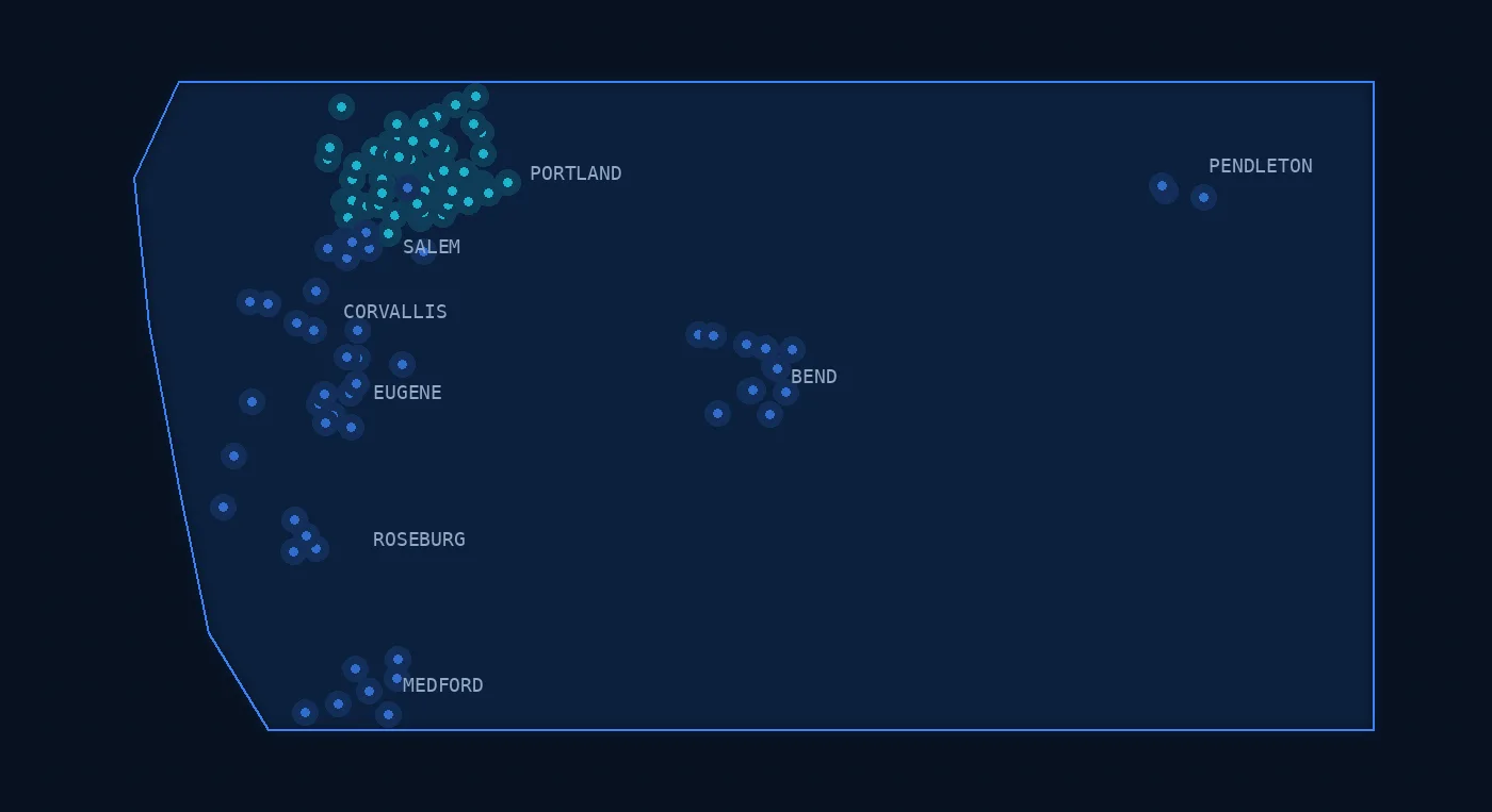 Stylized dark map of Oregon: a dense cluster of glowing location pins around Portland in the northwest, scattered single pins across Salem, Eugene, Bend, Medford, and the coast
